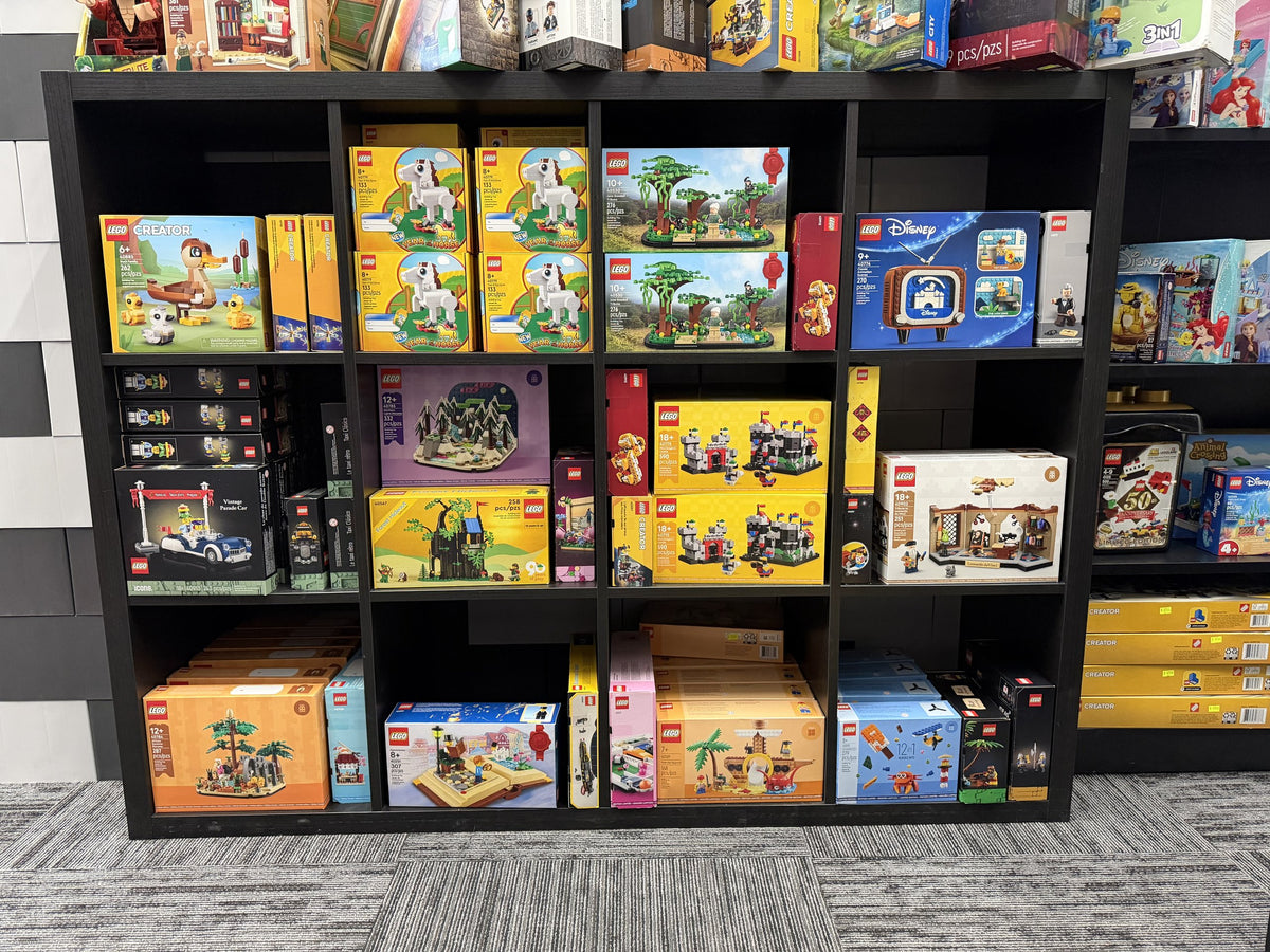 Shelves of sealed LEGO sets in their boxes at Arizona Brick Co. in Chandler, Arizona